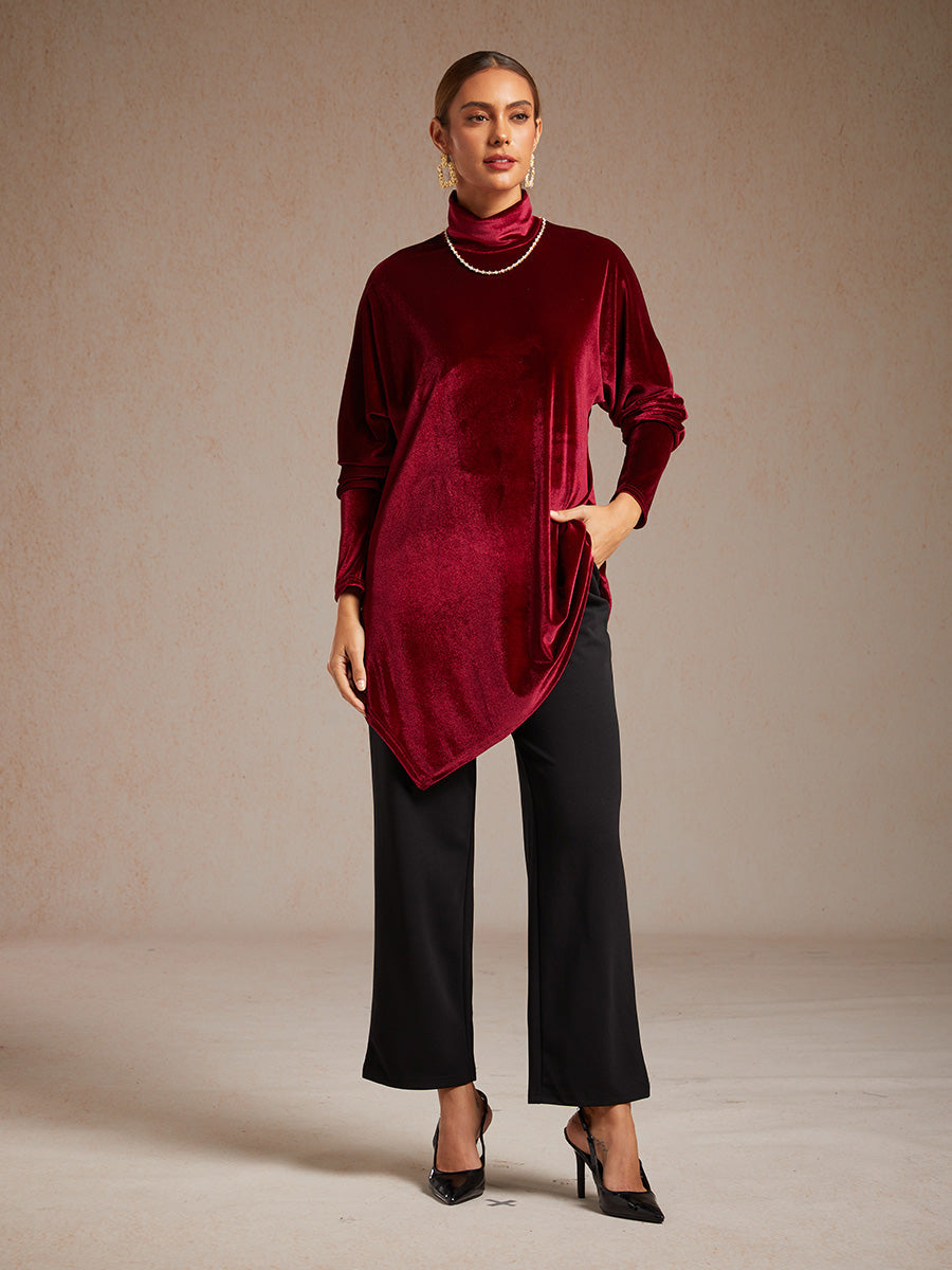 Velvet Tunic Blouse with Turtleneck and Asymmetric Hem