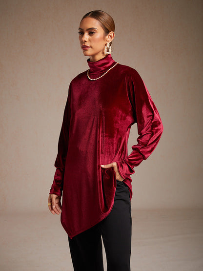 Velvet Tunic Blouse with Turtleneck and Asymmetric Hem