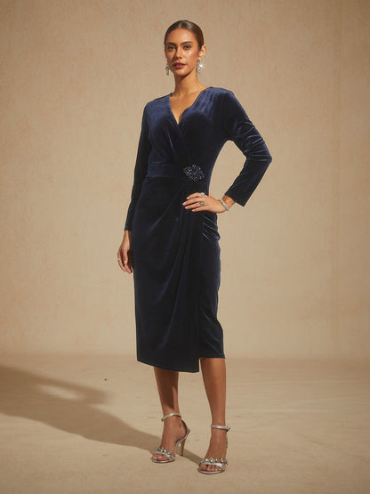 Velvet Sheath Midi Dress with Embellishment Detail
