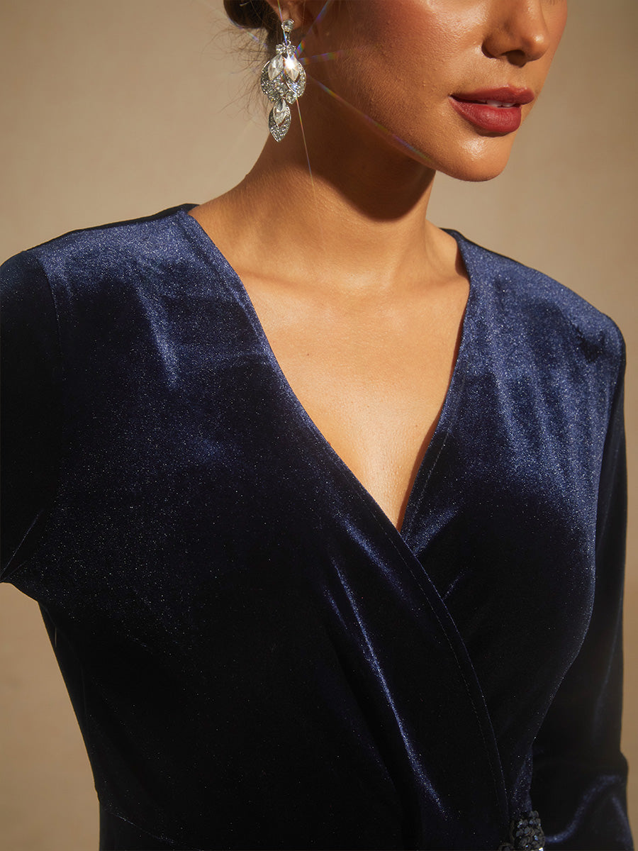 Velvet Sheath Midi Dress with Embellishment Detail