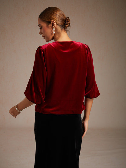 Velvet Puff Sleeves Twinset with Embellished Neckline Closure