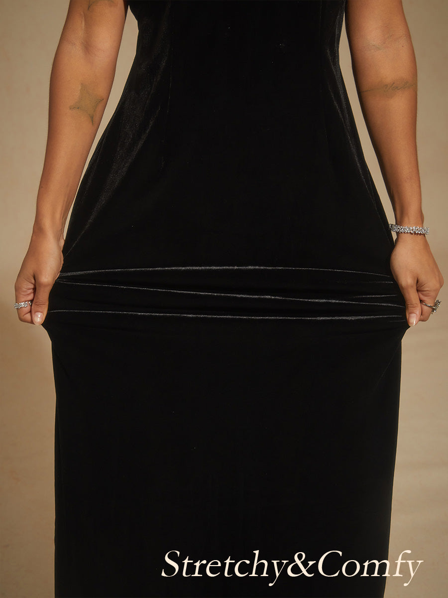 Backless Beaded Stretch Velvet Evening Gown