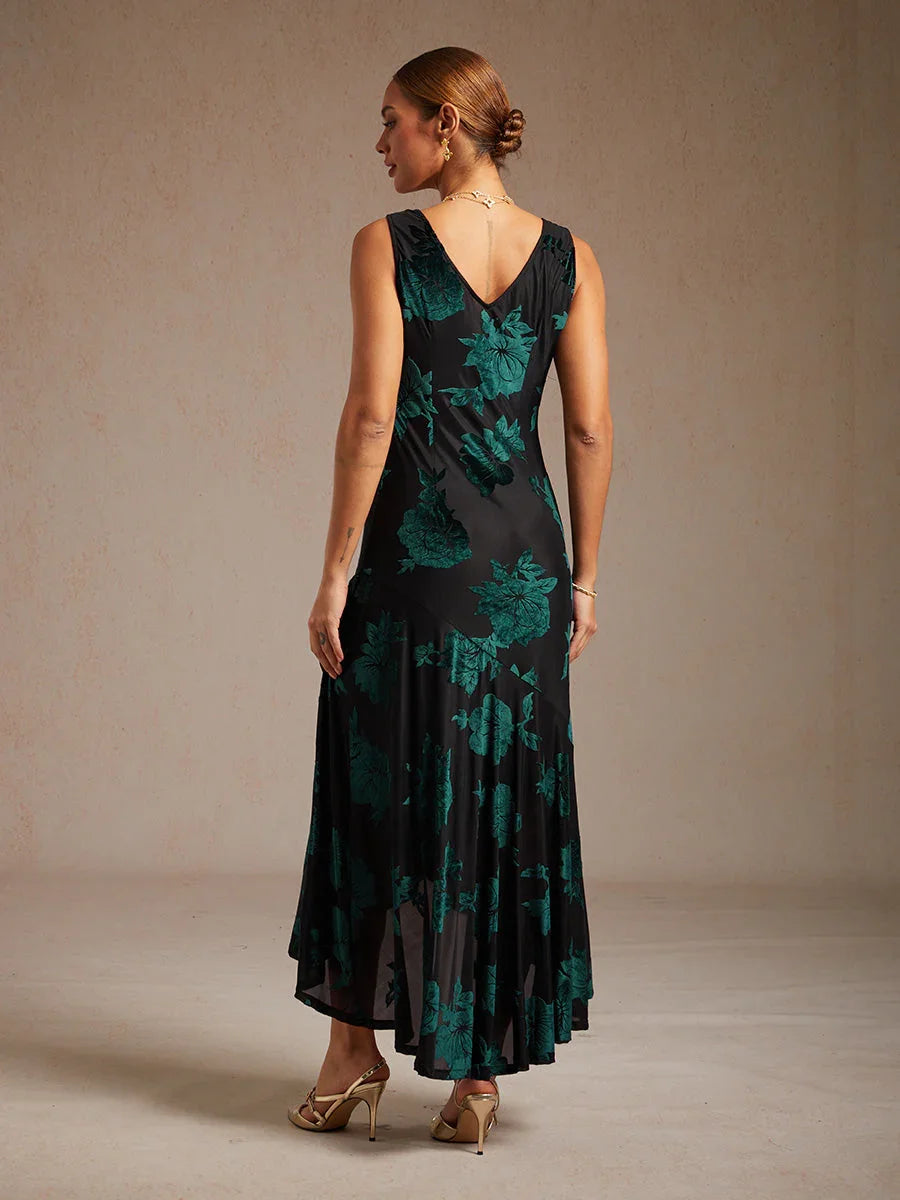 Velvet Floral Evening Gown with Asymmetrical Hem