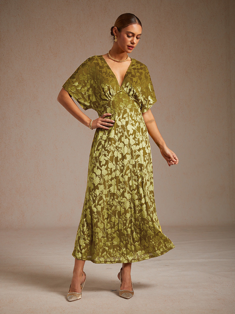 V-Neck Velvet Floral Maxi Dress