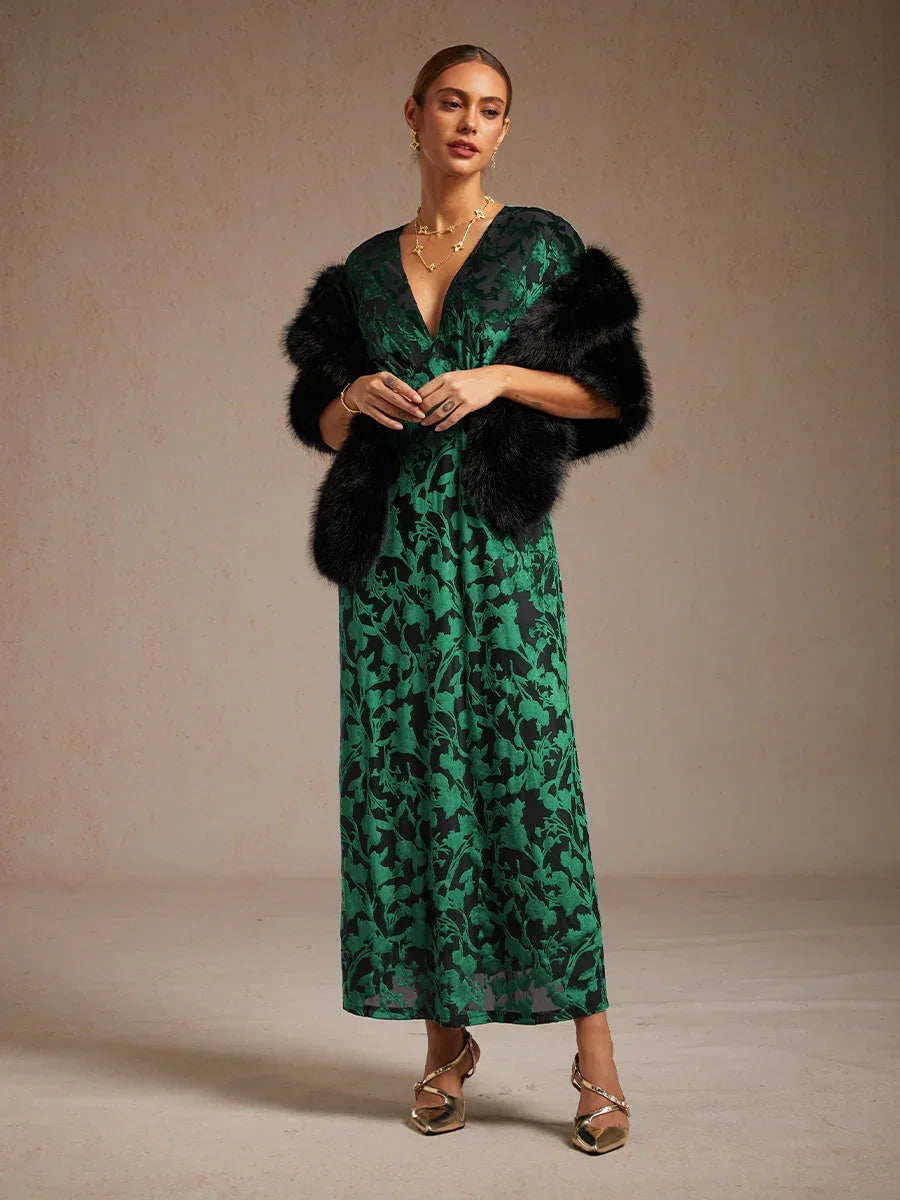 Maxikleid aus Samt mit V-Ausschnitt und Blumenmuster