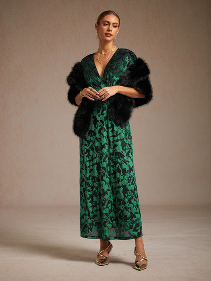 V-Neck Velvet Floral Maxi Dress