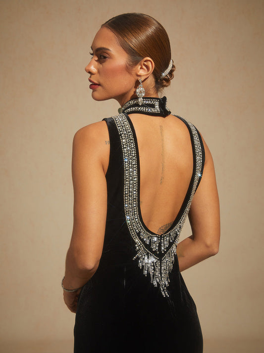 Backless Beaded Stretch Velvet Evening Gown