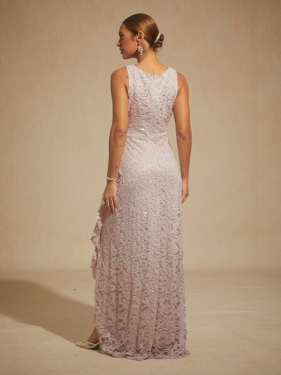 Lace Sequin Maxi Dress with Ruffle Detail