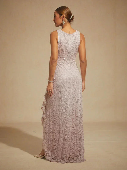 Lace Sequin Maxi Dress with Ruffle Detail