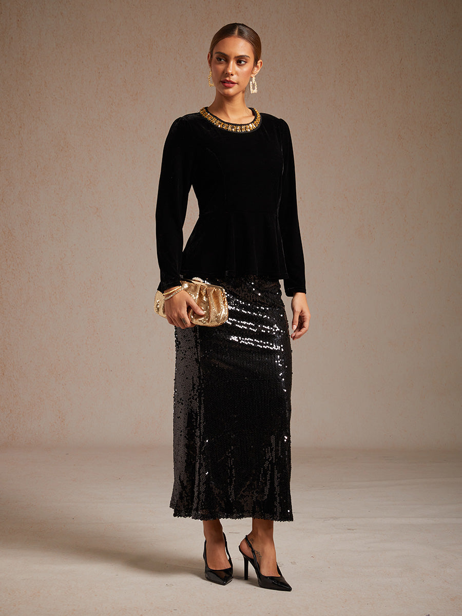 Elegant Stretch Velvet Peplum Blouse with Rhinestone Details