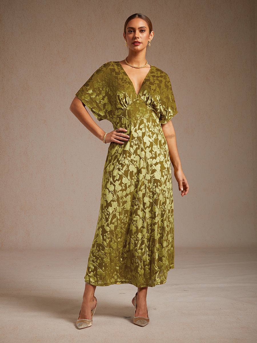 V-Neck Velvet Floral Maxi Dress