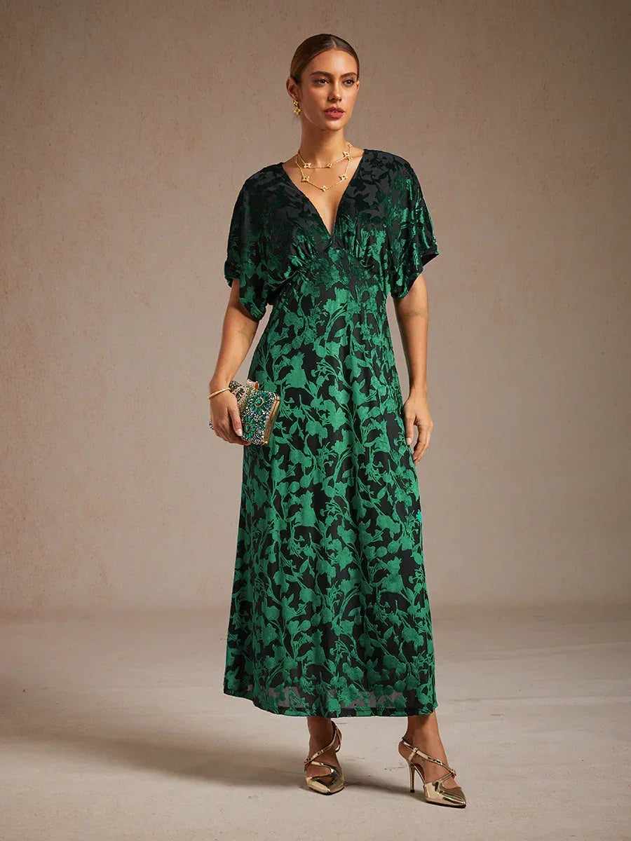 Maxikleid aus Samt mit V-Ausschnitt und Blumenmuster