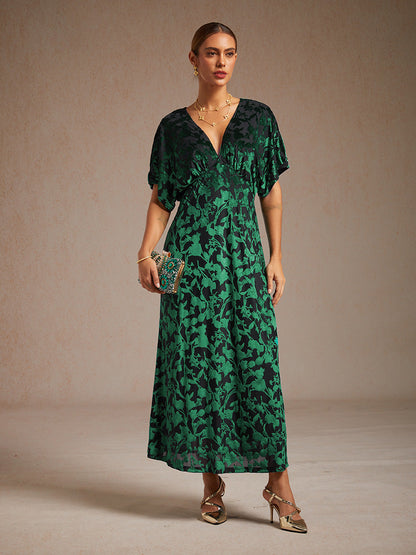 V-Neck Velvet Floral Maxi Dress