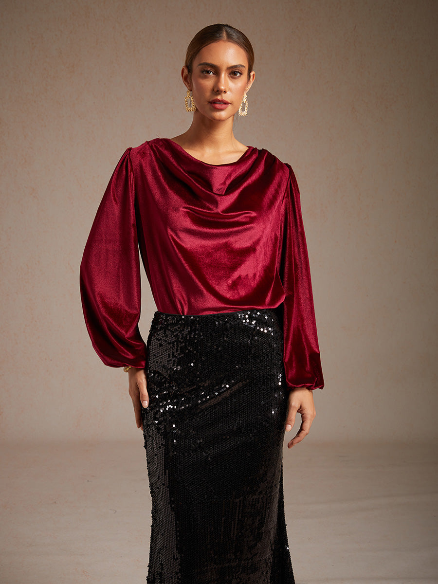 Elegant Stretch Velvet Blouse with Cowl Collar