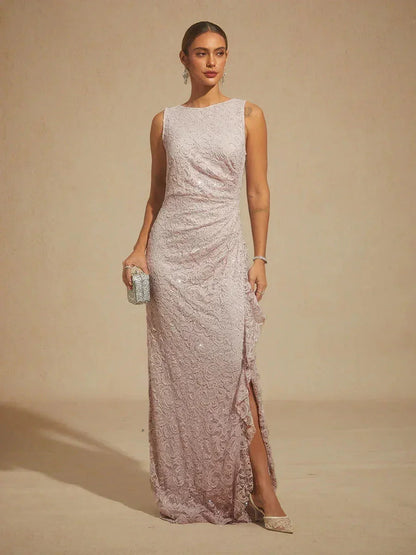 Lace Sequin Maxi Dress with Ruffle Detail