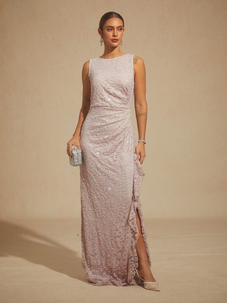 Lace Sequin Maxi Dress with Ruffle Detail