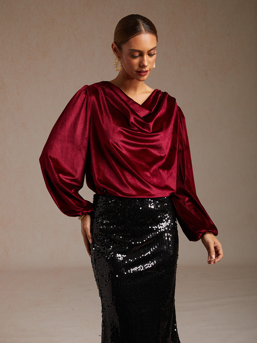 Elegant Stretch Velvet Blouse with Cowl Collar