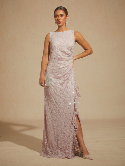 Lace Sequin Maxi Dress with Ruffle Detail