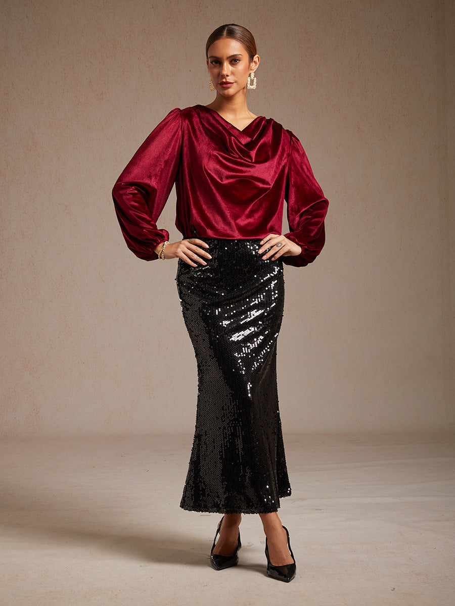 Elegant Stretch Velvet Blouse with Cowl Collar