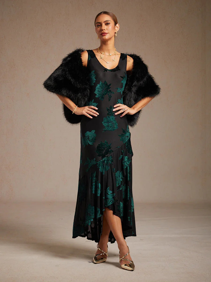 Velvet Floral Evening Gown with Asymmetrical Hem