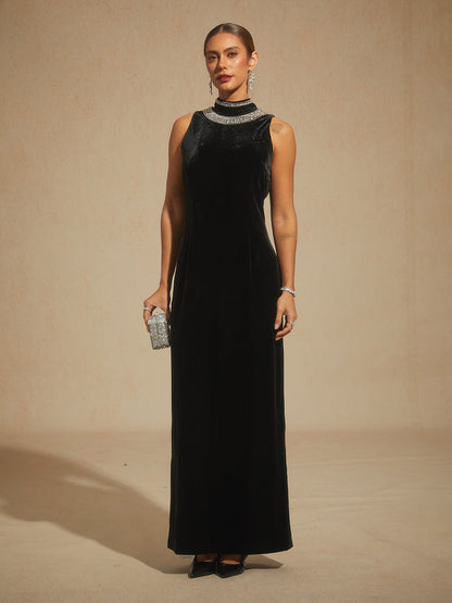 Backless Beaded Stretch Velvet Evening Gown