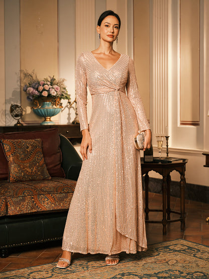 Sequin V Neck Evening Gown with Twist Design