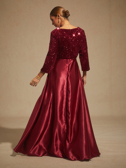 Velvet Sequin Satin Evening Gown