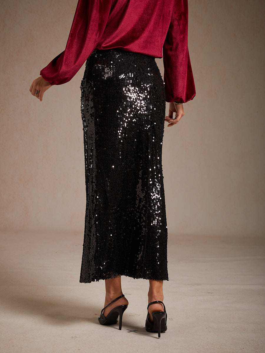 Sequin Mermaid Skirt with Elastic Waist and Lining