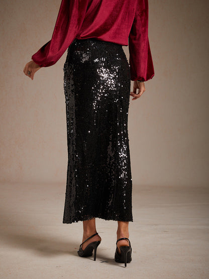 Sequin Mermaid Skirt with Elastic Waist and Lining