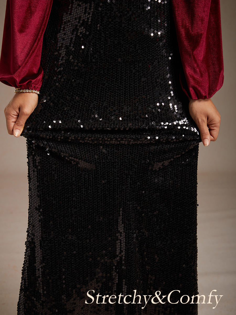 Sequin Mermaid Skirt with Elastic Waist and Lining