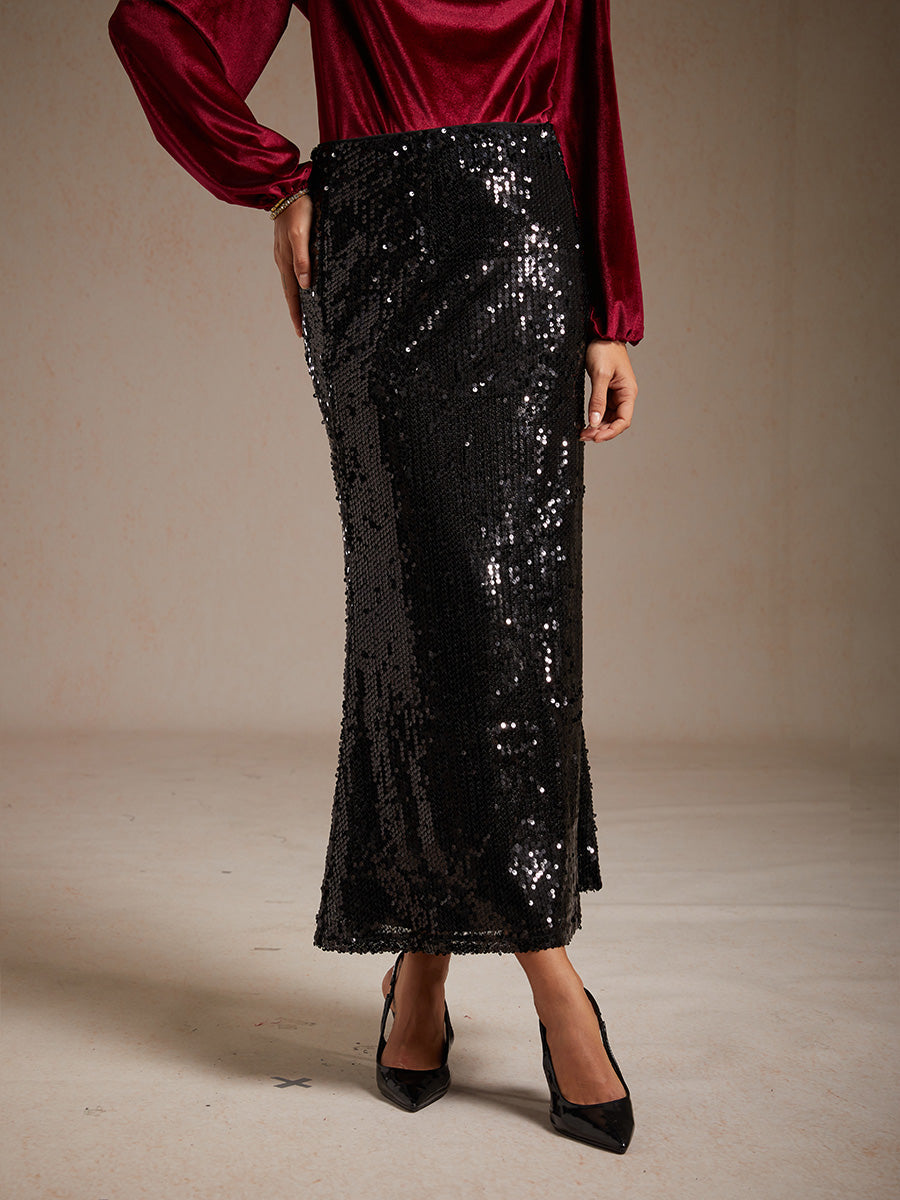 Sequin Mermaid Skirt with Elastic Waist and Lining