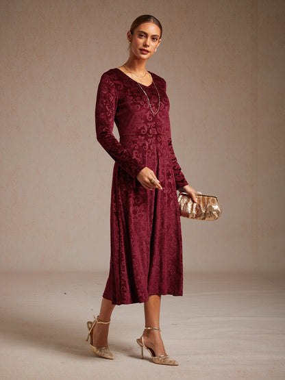 Velvet Midi Dress with Embossed Paisley Pattern