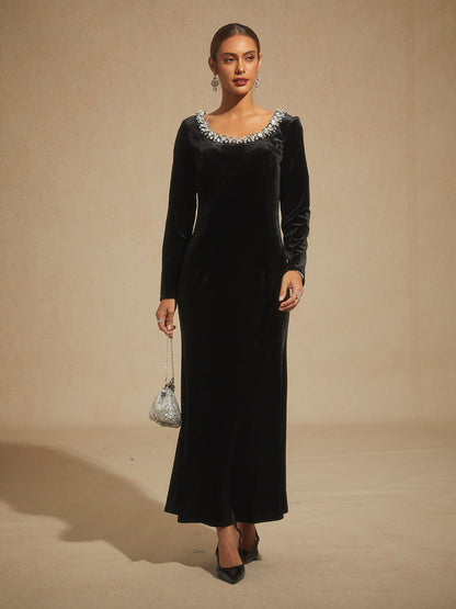 Stretch Velvet Evening Gown with Rhinestone Embellished