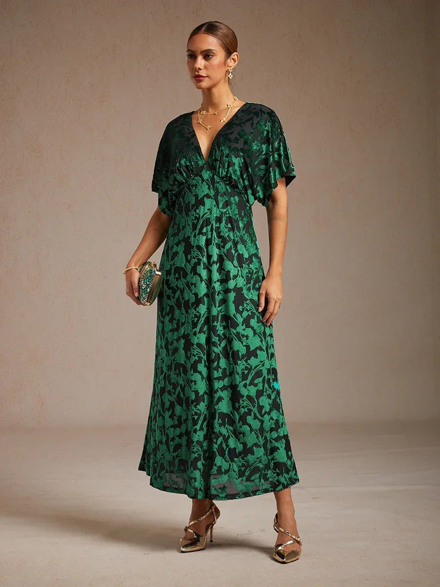 Maxikleid aus Samt mit V-Ausschnitt und Blumenmuster