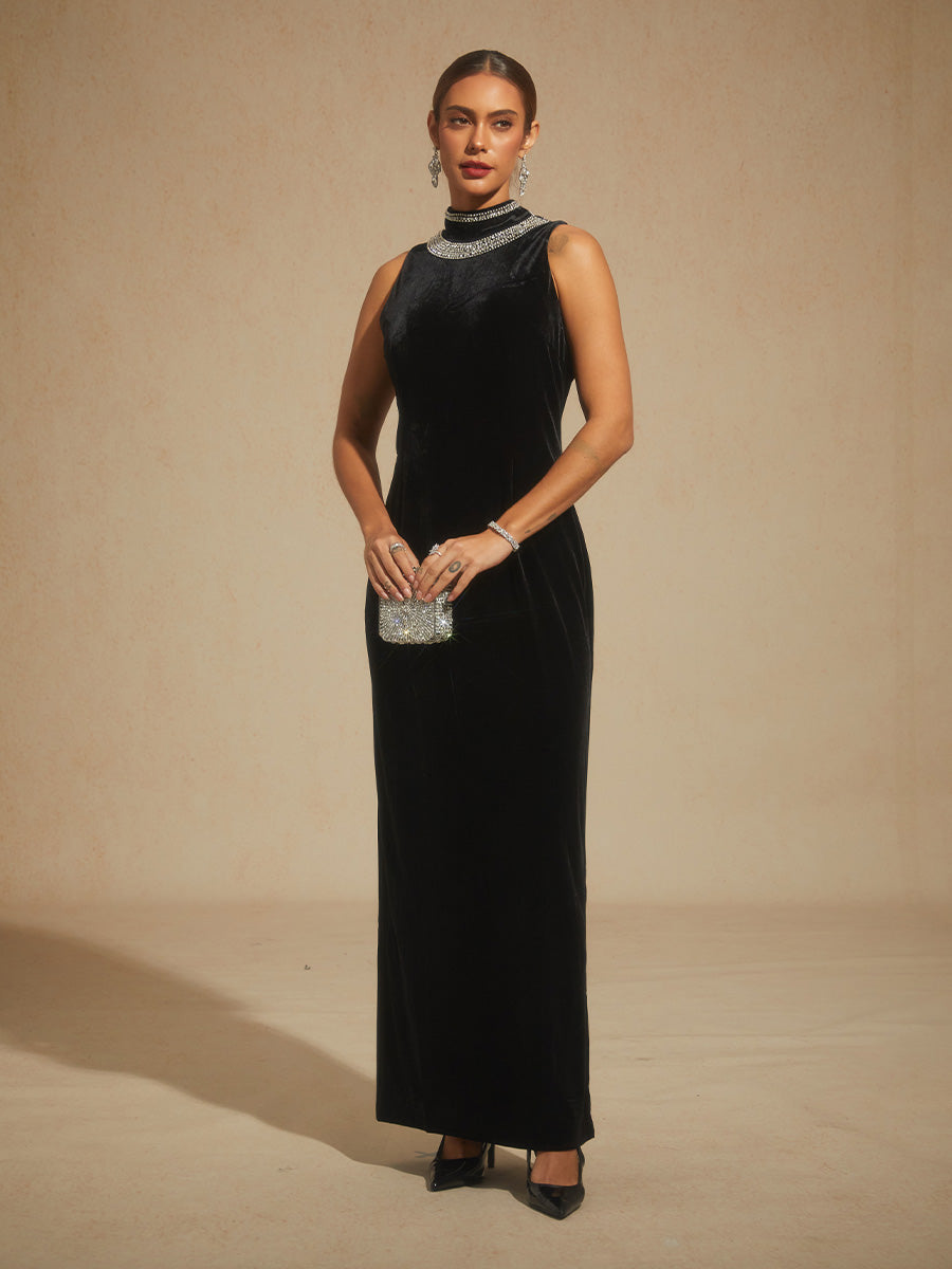 Backless Beaded Stretch Velvet Evening Gown