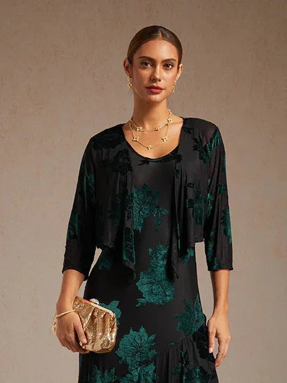 Bolero aus Stretch-Samt mit Blumenmuster und 3/4-Ärmeln