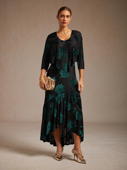 Velvet Floral Evening Gown with Asymmetrical Hem