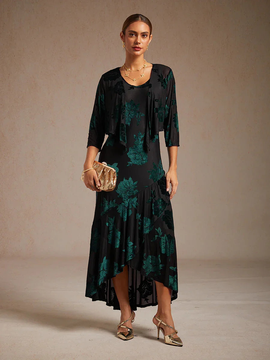 Bolero aus Stretch-Samt mit Blumenmuster und 3/4-Ärmeln