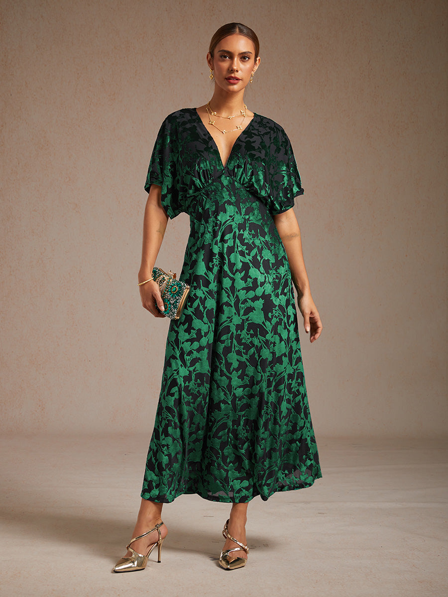 V-Neck Velvet Floral Maxi Dress