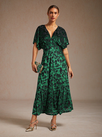 V-Neck Velvet Floral Maxi Dress