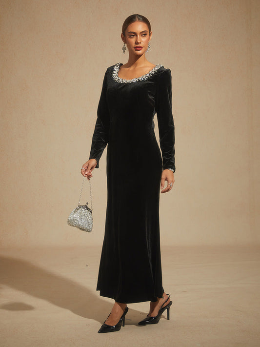 Stretch Velvet Evening Gown with Rhinestone Embellished