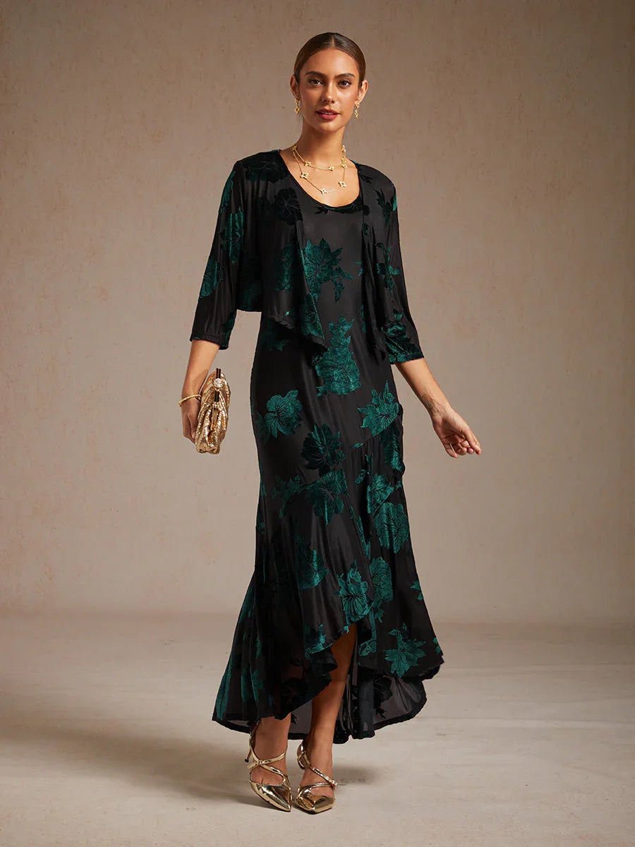 Bolero aus Stretch-Samt mit Blumenmuster und 3/4-Ärmeln