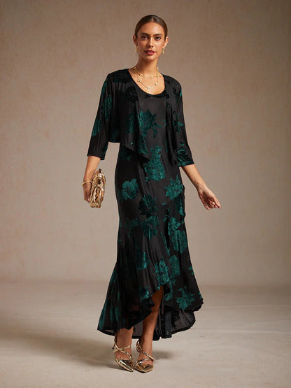 Bolero aus Stretch-Samt mit Blumenmuster und 3/4-Ärmeln
