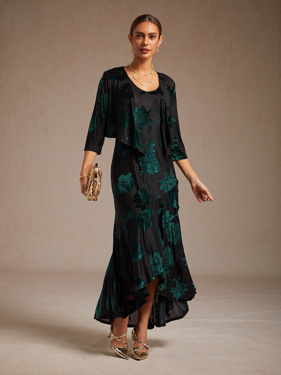 Floral Stretch Velvet 3/4 Sleeve Shrug