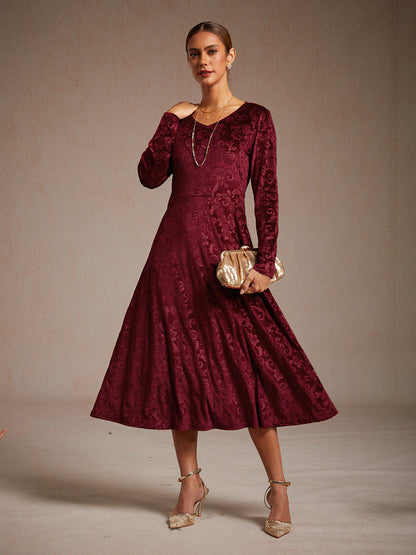 Velvet Midi Dress with Embossed Paisley Pattern