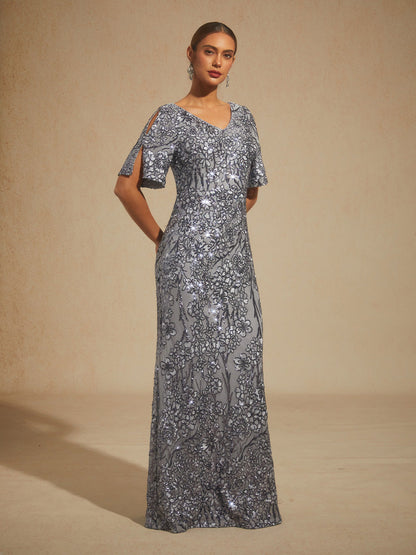 V-Neck Sequin Embroidered Cold Shoulder Evening Dress