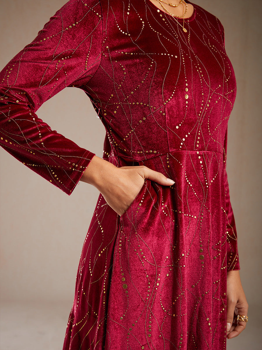 Velvet A-Line Dress Gold Foil with Pockets
