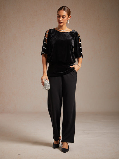 Embellished Cold Shoulder Blouse with Rhinestone Detail