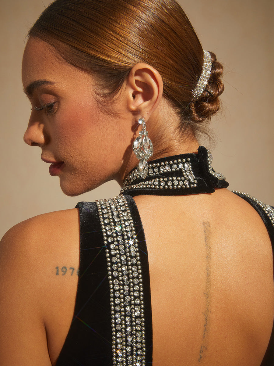 Backless Beaded Stretch Velvet Evening Gown