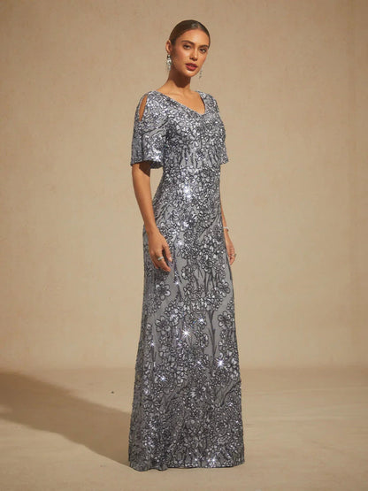 V-Neck Sequin Embroidered Cold Shoulder Evening Dress